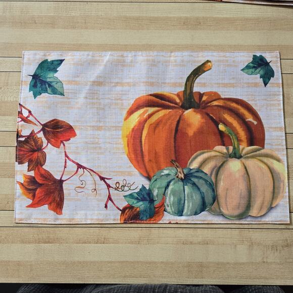 Set Of 4 Fall Placemats 12” x 18” Autumn Pumpkins Polyester Fabric Washable - Picture 2 of 5
